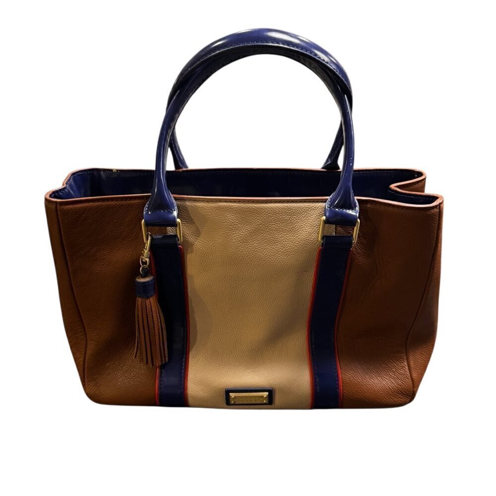 BCBGMAXAZRIA Colorblock Satchel – Brown, Beige & Navy Blue with Tassel Detail